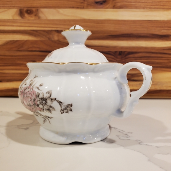 Bohemian China Maria sugar bowl with lid and 2 cups, pink, white, gold - Picture 6 of 16